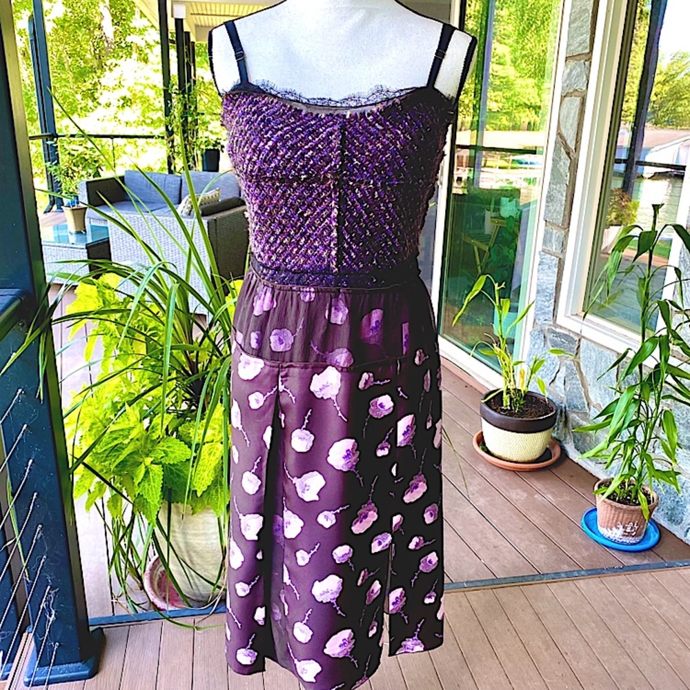 NINA RICCI. Vintage Haute Couture. Purple Silk & Tweed Dress w/ French Lace trim